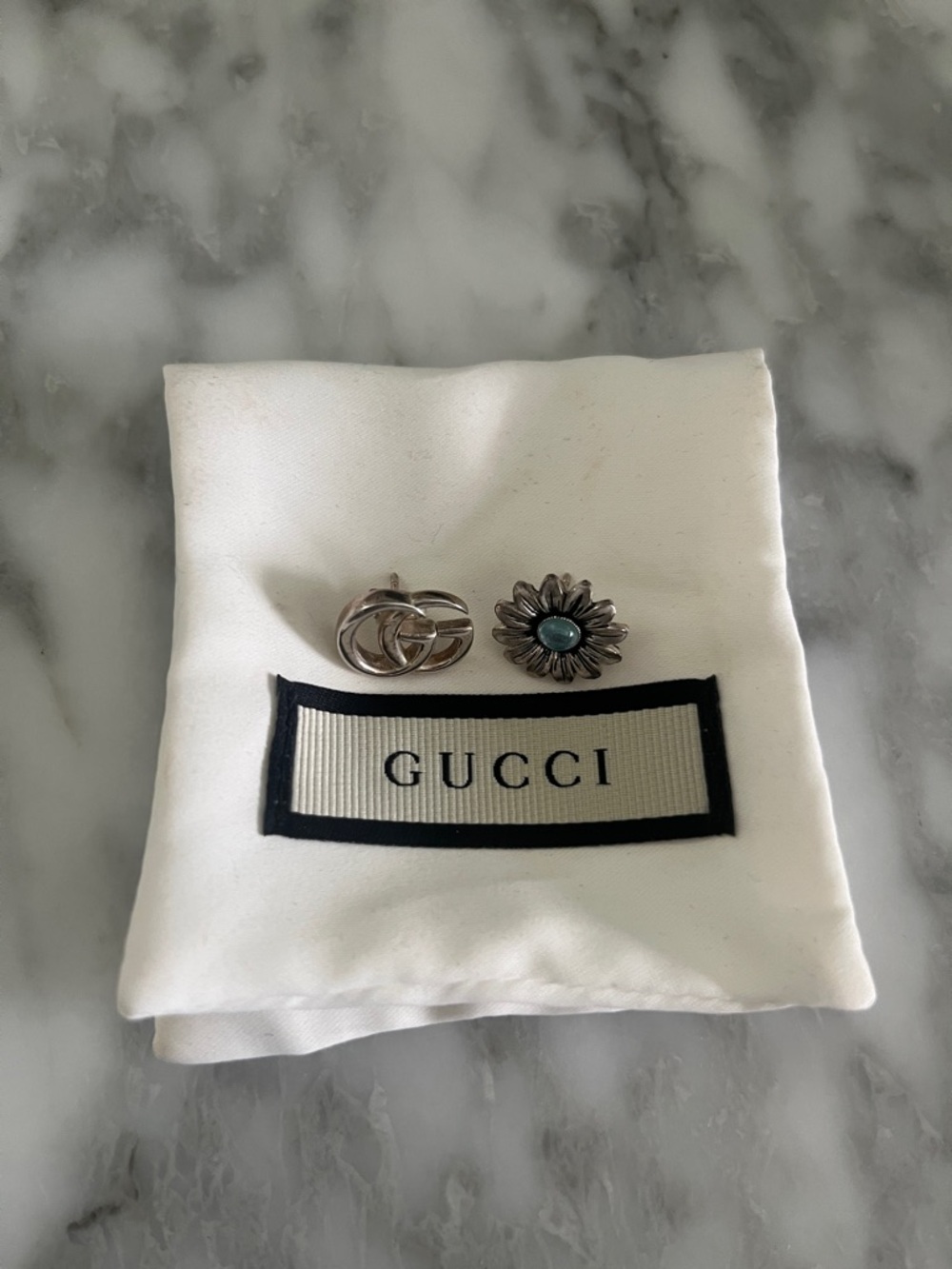Gucci Sterling Silver Double G and Floral Stud Earrings with Blue Center